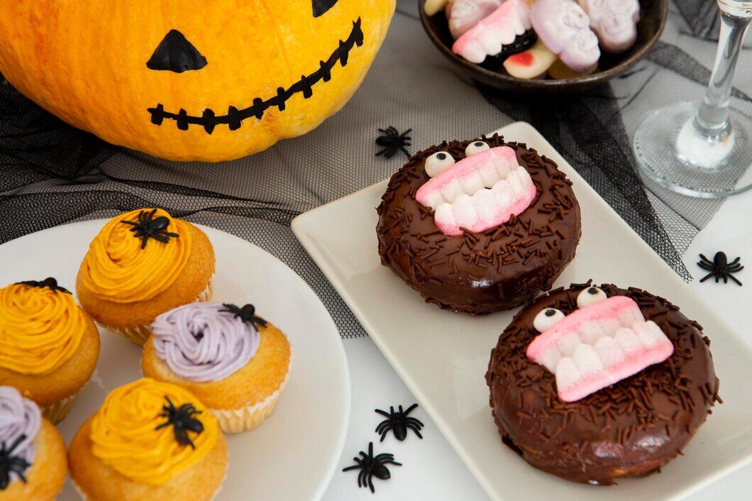 Halloween-themed snacks including bat-shaped cookies and chocolate treats