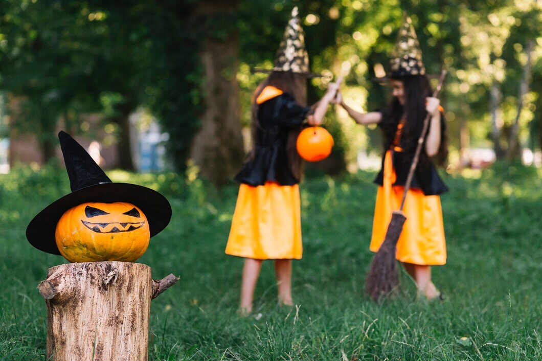 Kids searching for hidden treats during a Halloween treasure hunt