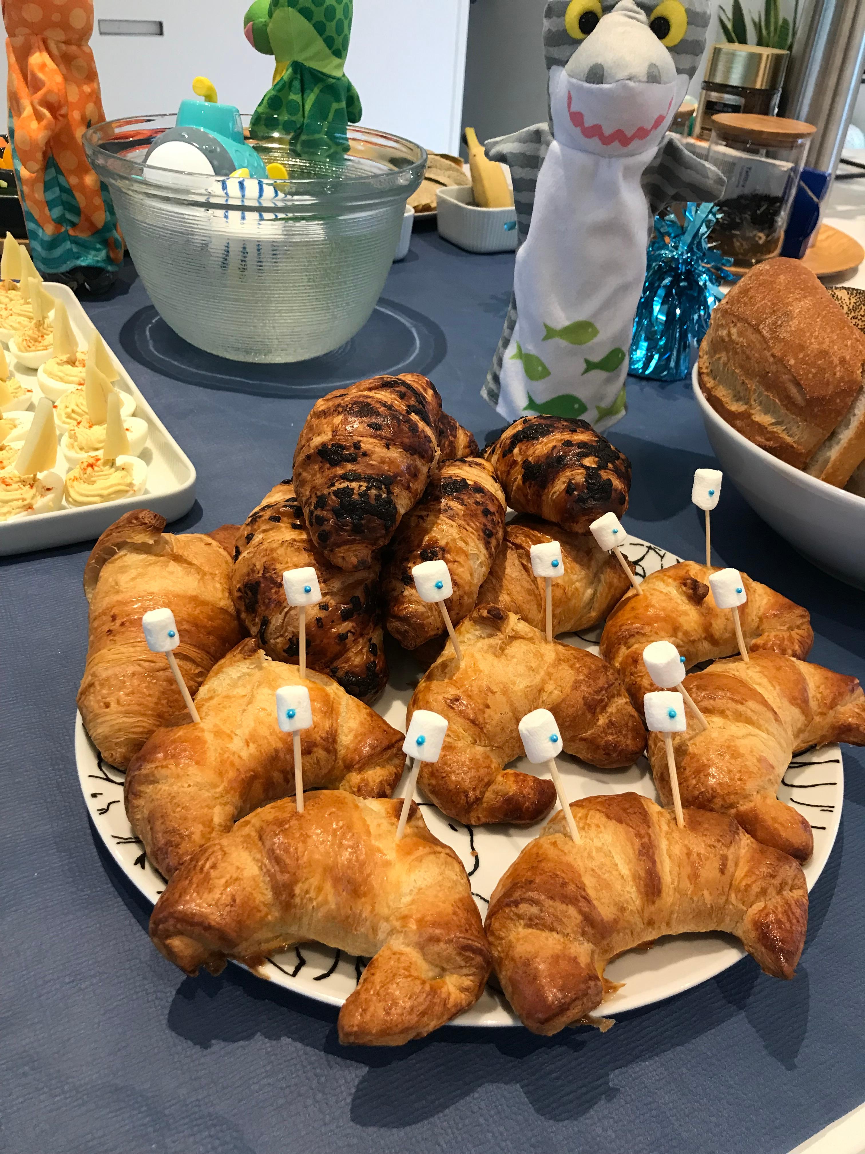 Under the Sea brunch spread with crab croissants and fish crackers