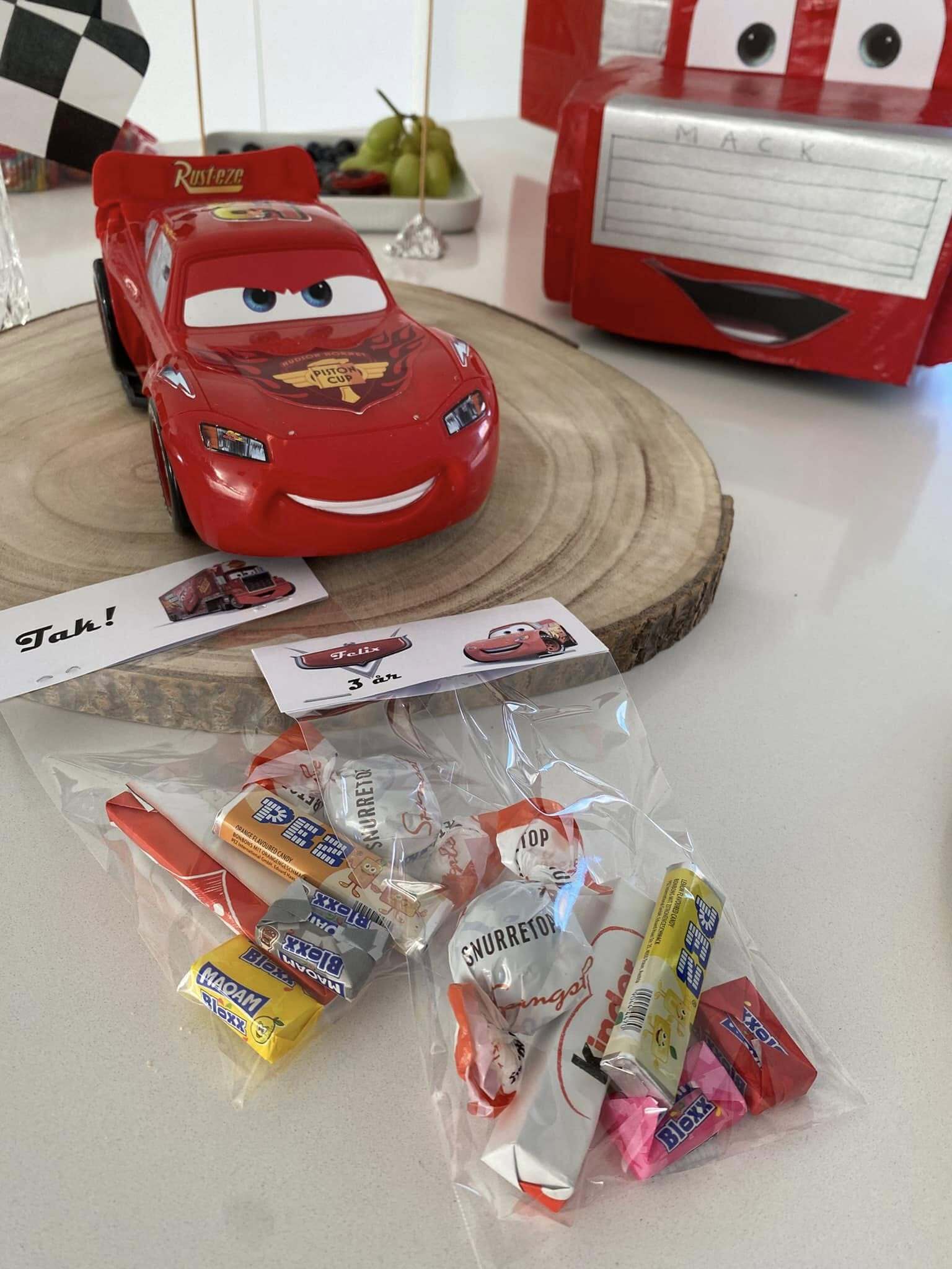 Cars-themed goodie bags filled with candy