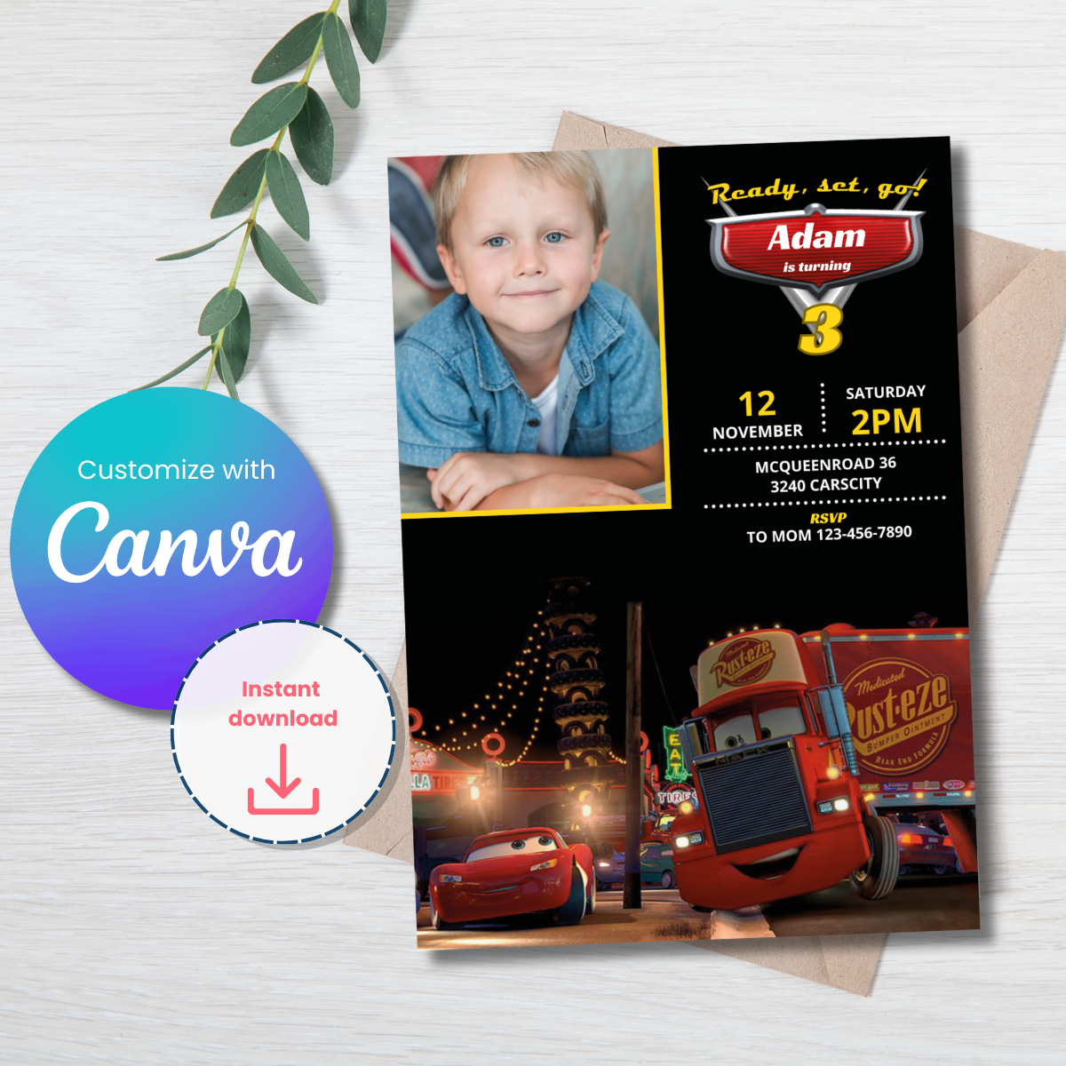 Cars/McQueen Canva invitation template with photo